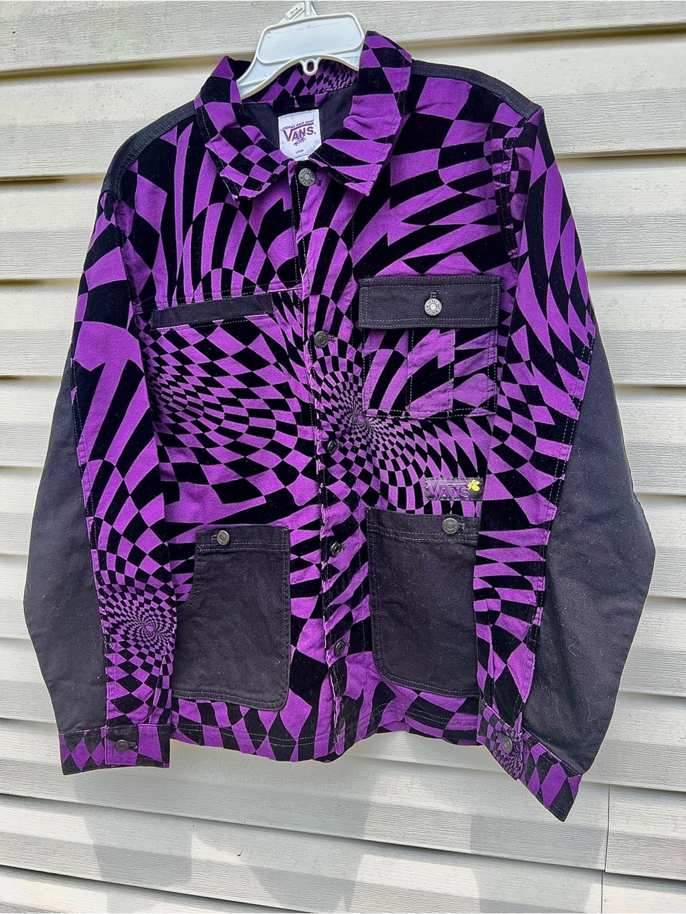RARE size Large Vans x Perks and Mini Mens Spiral Checkerboard Denim Jacket